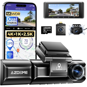 AZDOME M550 Max 4K 3 Channel Dash Cam, Dual STARVIS Sensors, 4K+2.5K+1080P Front and Rear Inside Triple Car Camera, Built-in WiFi GPS, 64GB Card Included, IR Night Vision, WDR, 24H
