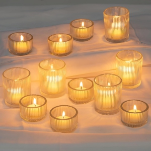 NIERBO Glass Tealight Set of 24 Ribbed Clear Votive Candle Holders for Table Centerpiece, Decorative Vintage Tea Lights Candle Holder for Wedding Christmas Dining Room Decoration