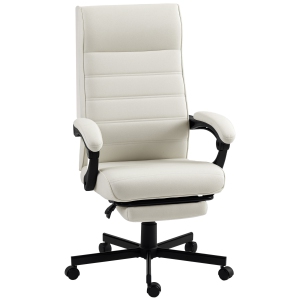 Vinsetto Office Chair, Linen High Back Computer Desk Chair, Swivel Recliner with Adjustable Height, Footrest and Padded Armrest, Cream White