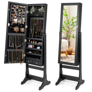 Lockable Freestanding Jewelry Armoire Cabinet with Full-Length Mirror and Lights