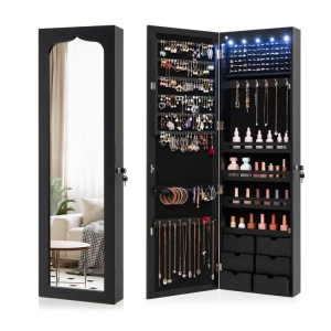 Lockable Wall-Mounted Jewelry Armoire with 5 LED's and 6 Drawers