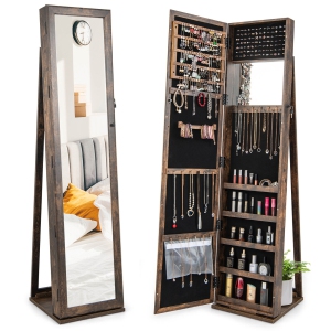Lockable Standing Jewelry Cabinet with Mirror for Full-Length View