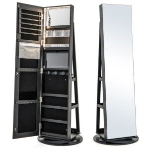 Rotating Jewelry Cabinet with Mirror, Lockable Design, and 3 LED Modes