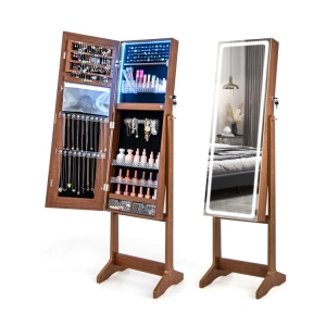 Standing Jewelry Cabinet Armoire with Lock and Illuminated Full-Length Mirror