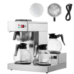 VEVOR RBT-386-BD3 12-Cup Commercial Drip Coffee Maker with 3 Glass Carafes, 3 Warming Plates, 2.8L Water Tank, Stainless Steel, Silver
