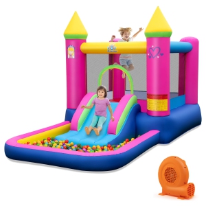 Costway 4-in-1 Kids Princess-themed Bouncer with Slide Basketball Hoop With 520W Blower