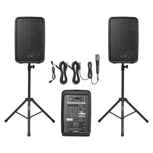 VEVOR 300W Portable PA System, Sound System Set with 8 Channel Mixer, Dual Speakers, Wireless Bluetooth, Microphone, Compact Stands, USB SD XLR RCA Inputs, Remote Control