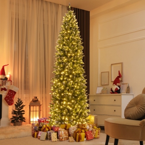 Costway 9FT Pre-Lit Christmas Tree Hinged Slim Pencil Xmas with 500 LED Lights & 1298 Tips