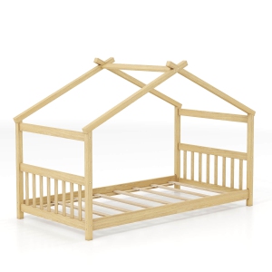 Costway Twin Size House Bed with Roof Wooden Low Floor Bed No Box Spring Needed Natural/Gray/White