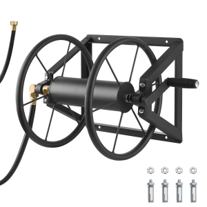 VEVOR 200 ft 5/8-inch Wall Mounted Garden Hose Reel, Holds Manual Water Hose Winder, Heavy-Duty Steel, Outdoor Reel with Brass Fitting & 5ft Leader Hose, Space Saving