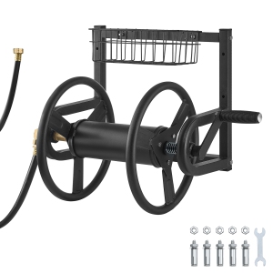 VEVOR 125 ft 5/8-inch Wall Mounted Garden Hose Reel, Holds Hose, Heavy-Duty Water Hose Winder, Space-Saving Design, Outdoor Manual Reel with Brass Fitting and Storage Basket