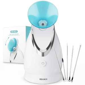 EZBASICS Facial Steamer Ionic Face Steamer for Home Facial, Warm Mist Humidifier Atomizer for Face, 1 Pack + 5 Stainless Steel Skin Kit, Blue
