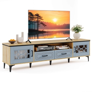 Costway Meuble TV de 71" pour téléviseurs jusqu'à 80" avec compartiments ouverts, armoires latérales et tiroirs Beige/Blanc