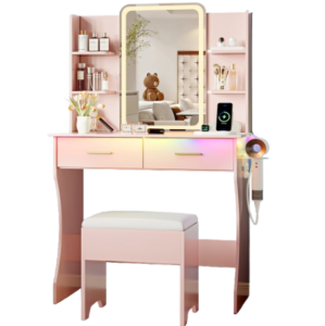 Vanity Desk with LED Lights Mirror & Power Outlet, Small Makeup Vanity Table Set with Storage Drawers & Chair, 3 Lighting Modes & Adjustable Brightness - Pink