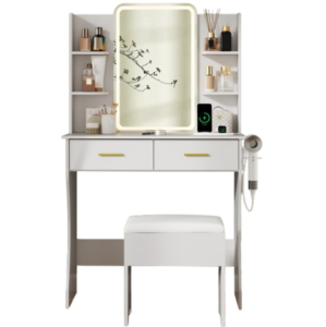 Vanity Desk with LED Lights Mirror & Power Outlet, Small Makeup Vanity Table Set with Storage Drawers & Chair, 3 Lighting Modes & Adjustable Brightness - White
