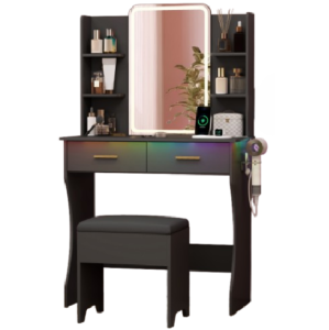 Vanity Desk with LED Lights Mirror & Power Outlet, Small Makeup Vanity Table Set with Storage Drawers & Chair, 3 Lighting Modes & Adjustable Brightness - Black
