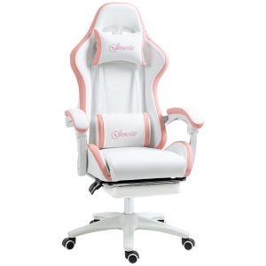 Vinsetto Computer Gaming Chair, PU Leather Office Desk Chair with Footrest, Swivel Wheels, 135° Reclining Back, Lumbar Support, Headrest, White and Pink