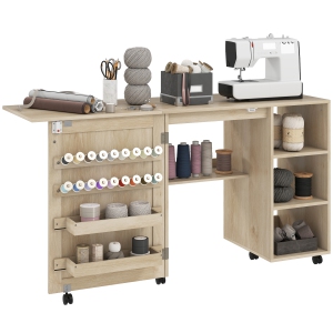 HOMCOM Folding Sewing Table with Drop Leaf, Rolling Craft Table with Rattan Door, Storage Shelves, Bins, Pegs, Lockable Wheels, Sewing Machine Cabinet for Small Spaces, Natural