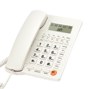 Home landline phone with caller ID, one-touch dialing, 10 shortcut keys, dual interfaces, and FSK/DTMF dual-mode caller ID support - White