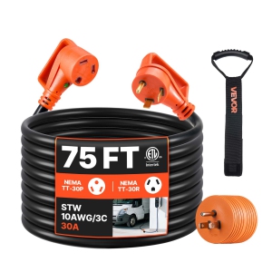 VEVOR 75 FT RV Extension Cord, 30 Amp, 125V 2500W Heavy Duty STW 10/3 Gauge Wire, NEMA TT-30P Male NEMA TT-30R Female Plug, with LED Power Indicator, Handle, 15A Adapter,ETL Listed
