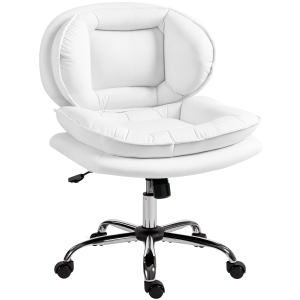HOMCOM Criss Cross Office Chair with Wheels, Armless Task Desk Chair with Wide Seat, Leathaire, Adjustable Height, Tilting, Double-Tier Padding, White