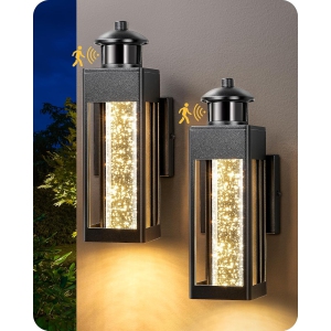 EDISHINE 2 Pack LED Outdoor Wall Lights, Front Porch Light with Motion & Photocell Sensor, Crystal Bubble Glass, 3000K, IP44 Waterproof- HOWL21B