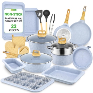 Nutrichef 22-Piece Induction Cookware and Bakeware Set Professional Home Kitchen Collection with Multi-Sized Pots, Pans, Non Stick and Heat-Resistant Tools (Moon Grey Marble)