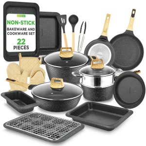 NutriChef 22-Piece Black Marble Non-Stick Induction Cookware and Bakeware Set - Professional Home Kitchen Collection with Multi-Sized Pots, Pans, and Heat-Resistant Tools