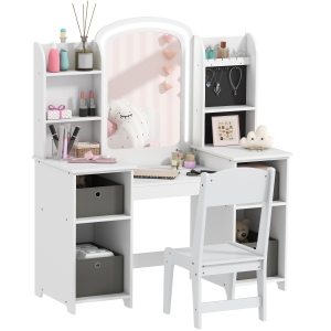 Qaba Kids Vanity Set with Lighted Mirror and Stool, Girls Vanity Table Desk and Chair with LED, Cabinet, Fabric Bins, Shelves and Jewellery Hooks, Pretend Makeup Playset, White