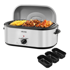VEVOR Roaster Oven, 24QT Electric Turkey Roaster Oven, 150-450℉ Adjustable Temperature with 3 Bin Buffet Server, Self-Basting Lid, Defrost & Warm Function, Self-Basting Lid