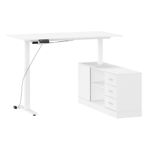 Famapy Modern L-Shaped Height Adjustable Corner Desk with Storage Cabinet, Electric Single-Motor Sit Stand Desk with Drawers & Shelves (63" L x 55.1" W x 29.1"–44" H),White