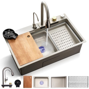 SereneLife Stainless Steel Kitchen Sink | Durable Kitchen Sink Includes Drain Rack, Strainer Basket, Basin Tray, Cutting Board & Cup Washer | Sleek & Stylish, Grey