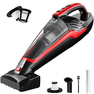 Powools Cordless Bagless Handheld Vacuum for Pet Hair, Car & Upholstery with Motorized Brush, HEPA, 18 min, LED - Red
