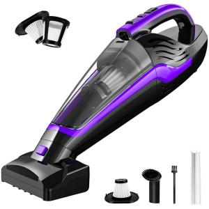 Powools Cordless Bagless Handheld Vacuum for Pet Hair & Car with Motorized Brush, Reusable HEPA Filter, LED Light, 18 min Runtime - Purple