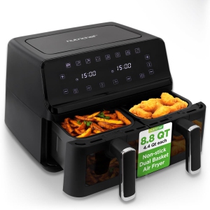 NutriChef Double Basket Air Fryer 8.8 QT | Family Size Oil Free Digital Cooker with Transparent Window | 9-1 Preset Cooking Options | 4.4 QTs per Basket | Black