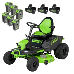Greenworks 60V 42" Crossover T Tractor Electric Riding Lawn Mower, (6) 8.0Ah Batteries and (3) Dual Port Turbo Chargers