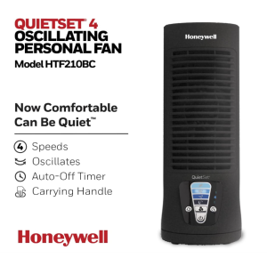 Honeywell HTF210BC QuietSet® 13" Personal Desk/Table Fan, Slim, Mini Tower, Oscillating Fan, Portable, Easy to Use Controls, Compact, 4 Speeds, Black