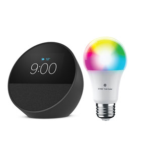 Amazon Echo Spot Smart Alarm Clock with Alexa & Smart LED Light Bulb - Black/ Multi-Colour