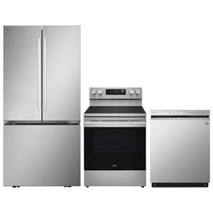 LG 33" 25 Cu. Ft. French Door Refrigerator; Electric Air Fry Range; Dishwasher - Stainless Steel