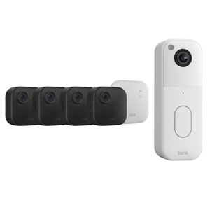 Blink Outdoor 4 Wire-Free 1080p Full HD IP Security Camera System (4-Pack) & 1440p Wi-Fi Video Doorbell - White