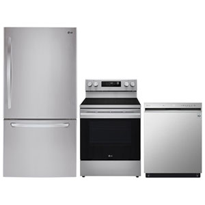 LG 30" 22.1 Cu. Ft. Bottom Freezer Refrigerator; Electric Range; Dishwasher - Stainless Steel