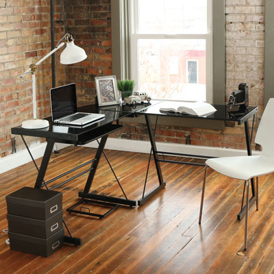 Image of Winmoor Home Z-Leg Corner Gaming Desk with Glass Top - Black