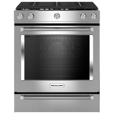 KitchenAid 30" 5.8 Cu. Ft. True Convection 5-Burner Slide-In Gas Range (KSGG700ESS) - Stainless Steel Absolutely beautiful range still getting used to the convection oven looking forward to baking a gorgeous Thanksgiving meal for my family and friends