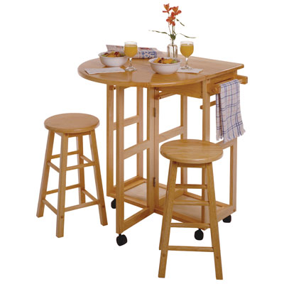 Image of Space Saver Transitional 3-Piece Drop Leaf Mobile Kitchen Island Set - Beech