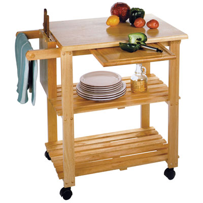 Image of Transitional Mobile Kitchen Cart with Cutting Board Knife Block - Beech
