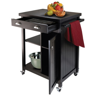 Image of Timber Transitional Mobile Kitchen Cart with Slide-Out Drawer - Black (20727)
