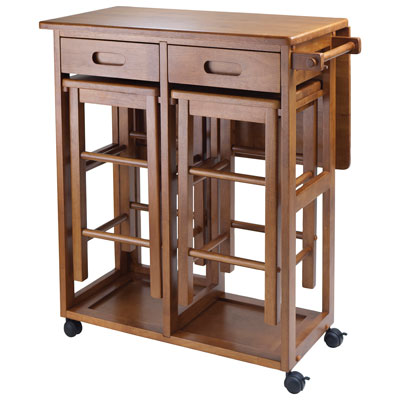 Image of Transitional Space Saver Drop Leaf Kitchen Island with 2 Stools - Teak