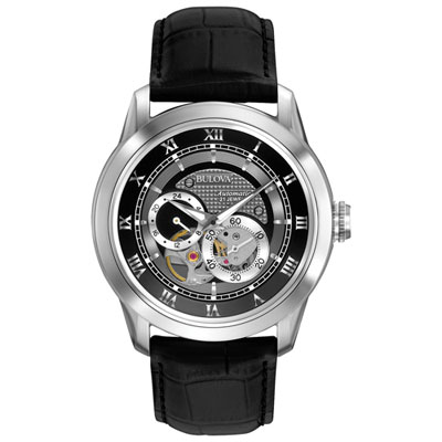 Image of Bulova Sutton Automatic Watch 42mm Men's Watch - Silver-Tone Case, Black Leather Strap & Black Dial