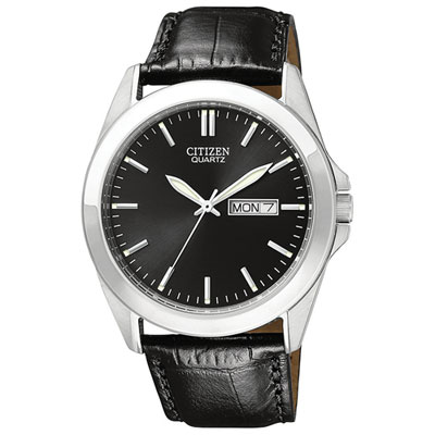 Image of Citizen Quartz Watch 39.5mm Men's Watch - Silver-Tone Case, Black Leather Strap & Black Dial