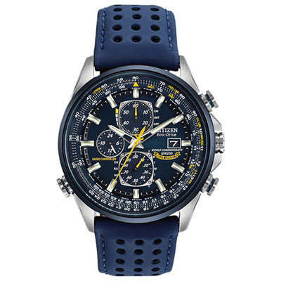 Image of Citizen World Chronograph A-T Eco-Drive Watch 43mm Men's Watch - Two-Tone Case, Blue Leather Strap & Blue Dial